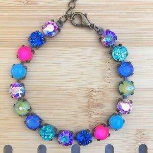 Hot pink + sapphire aurora borealis antique brass crystal tennis bracelet